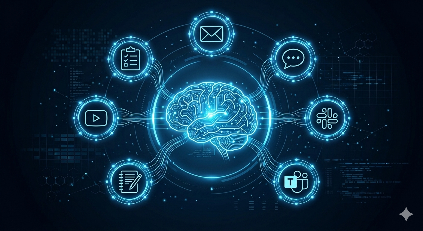 AI brain connecting meetings, emails, decisions, and tasks into one intelligent system